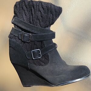 Black Suede Wedge Ankle Boots with Knitted Cuff